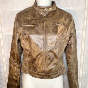 Lioness Distressed Brown Faux Leather Moto Jacket